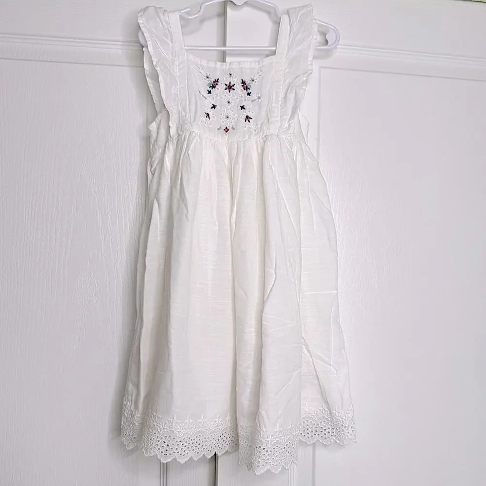 Old Navy White Floral Embroidered Kids Dress Ruffled Cotton Blend Sleeveless 5T